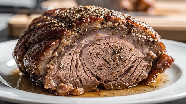 Juicy oven-roasted beef tenderloin with seasoned crust served on a white plate