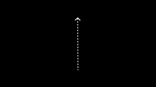 Up arrow direction icon with dotted line animation on Black background. dot arrows icon sign animated with alpha channel. white straight arrows animation. Reveal animation of solid, dashed