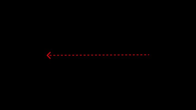 left arrow direction icon with dotted line animation on Black background. dot arrows icon sign animated with alpha channel. white straight arrows animation. Reveal animation of solid, dashed