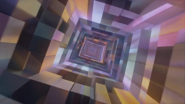 Abstract 3D Digital Tunnel with Colorful Glowing Geometric Blocks