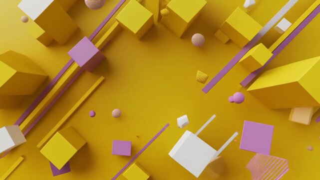 Abstract 3D Geometric Animation with Floating Yellow and Purple Cubes