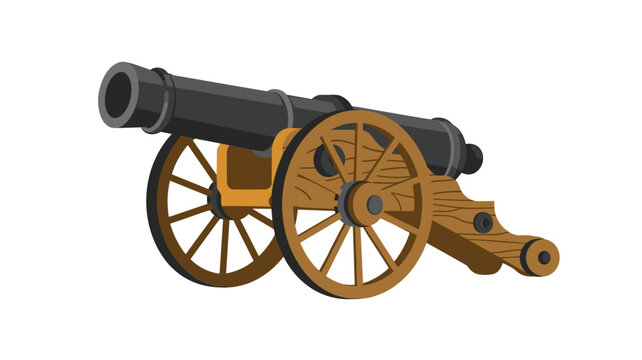 A vintage naval artillery cannon made of black iron with large wooden wheels sits in a stationary position on a bright white background with a soft neutral gray color tone.
