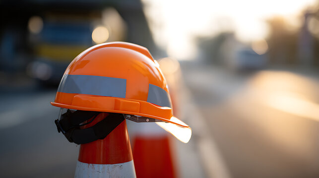 Bright orange safety hard hat sits securely on top of a traffic cone at dusk, with soft golden hour light illuminating the background construction zone