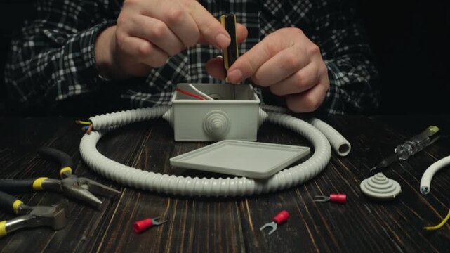 Hands of a male technician assembling electrical components inside a junction box with tools and wires arranged on a wooden work surface