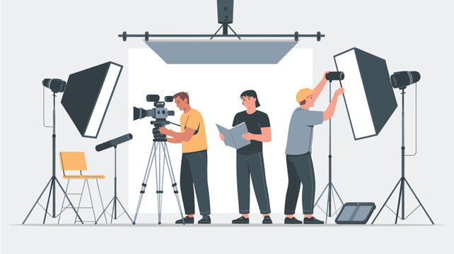 A production team including a cameraman with a tripod, a person with a script, and a lighting technician works in a modern, bright video studio with professional equipment.