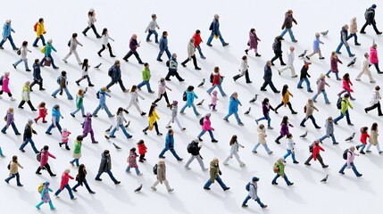 Naklejka premium Diverse crowd of people walking in the same direction, viewed from directly above with shadows