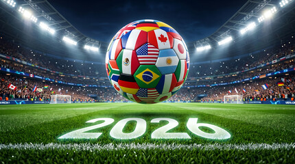 Fototapeta premium 2026 world cup soccer ball with international flags in stadium