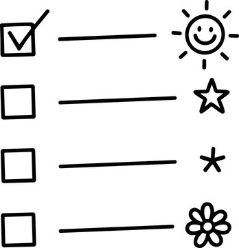 Checklist with doodles: sun, star, asterisk, flower. Task completion concept.