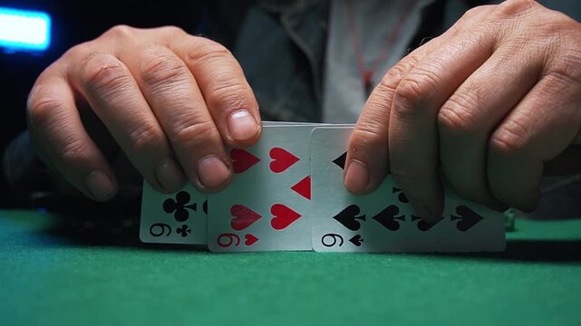 Hands of a male poker player reveal cards on a green felt table, showcasing a sequence of card placement and strategic gameplay in a dimly lit casino setting
