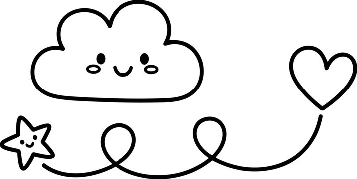 Cute Cloud, Star, and Heart Doodle Art - Whimsical Line Drawing for Kids