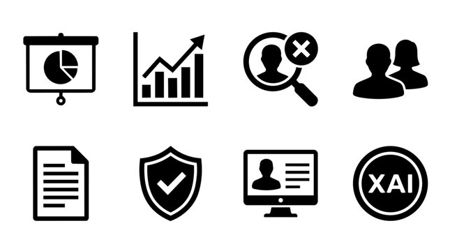 Business icons set including graphs, people, documents, and security symbols