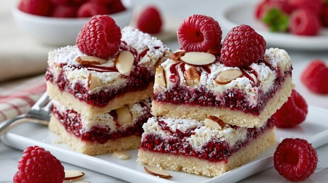 Delicious Raspberry Almond Shortbread Bars Topped with Fresh Berries and Powdered Sugar