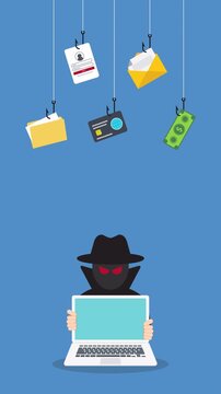 Hacker with laptop computer stealing confidential data, personal information and credit card detail. Hacking concept.