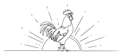 rooster at sunrise simple minimalist drawing with one thin line © Wieslaw