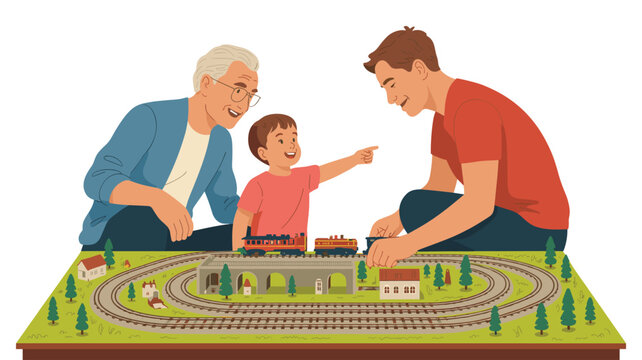 An elderly grandfather and a young father sit with a child on the floor playing with a detailed model electric train set in a bright and cozy indoor living room area.