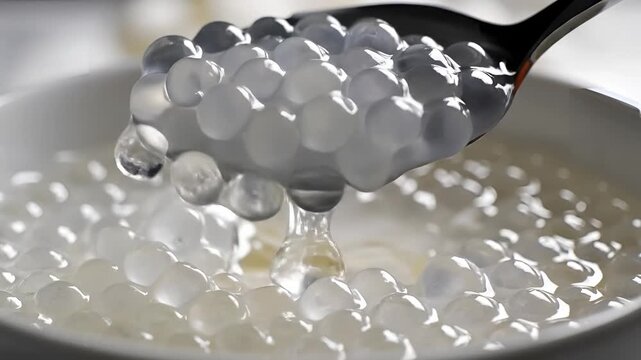 Closeup of Tapioca Pearls in a Bowl with a Spoon.