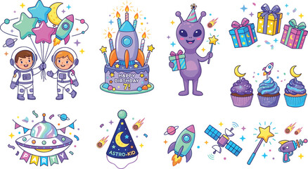 Obraz premium Kawaii Outer Space Birthday Party Vector Set Featuring Astronaut Kids Rocket Cake Alien Character and Galaxy Themed Decorations for Childrens Celebration Graphics