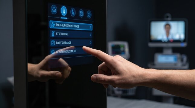 Patient finger touching healthcare evaluation menu on medical digital kiosk screen