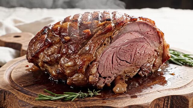 Delicious perfectly cooked beef tenderloin roast with a crispy crust and juicy interior garnished with herbs