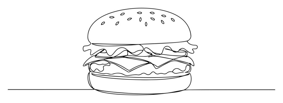 burger sandwich sketch of a thin one line in the style of a black vector on a white background