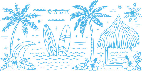 Hand drawn vector illustration of palm trees on a tropical beach island with ocean sea waves, summer sun, nature travel vacation paradise landscape © imoboy