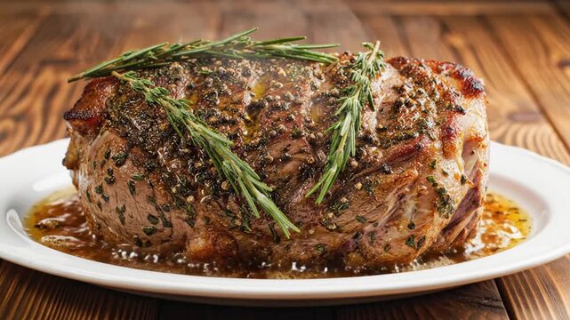 Juicy seasoned roast beef garnished with fresh herbs served on a rustic wooden table
