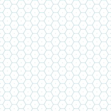 A seamless hexagon grid with pale blue hairlines on white. Each hexagon is empty with a small dot in the center, creating a minimal look.