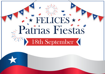 Obraz premium Chilean patriotic celebration scene with flags, confetti, fireworks and festive elements in clean graphic style on white background, concept of national holiday. Vector illustration