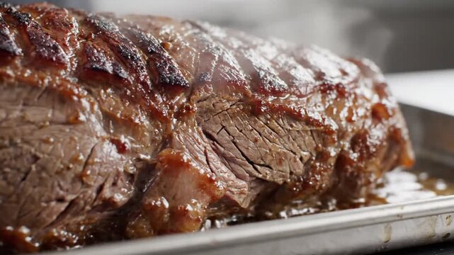 Close-up of perfectly cooked meat roast with a juicy glaze and seasoned crust rich in aroma