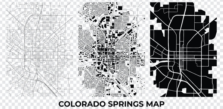 Colorado springs city map vector set, road network, buildings and blocks, urban layout