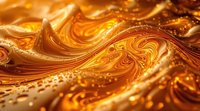 Golden liquid abstract swirl with flowing waves and sparkling bubbles in warm amber tones