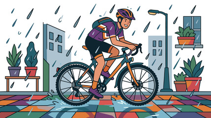 Fototapeta premium Smiling young cyclist wearing helmet and purple jersey riding bicycle on wet city street under heavy pouring rain background