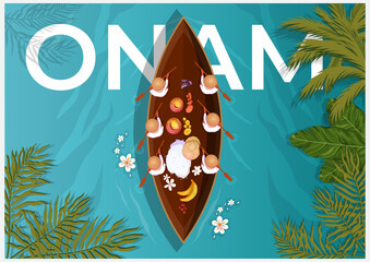 Top view of festive boat with people rowing and food arranged aboard in colorful graphic style on blue water background for celebration concept. Vector illustration © 100% HAND-CRAFTED