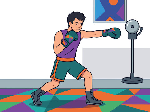 Determined young male boxer in sports tank top and shorts shadowboxing with green gloves on colorful geometric carpet background