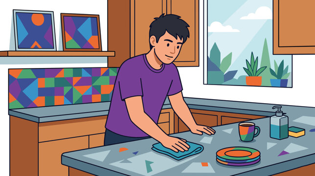 Smiling young man in violet tshirt wiping dark grey kitchen counter with green rag against wooden cabinets and bright window background