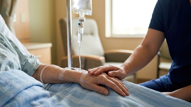Nurse holding the hand of an elderly patient in a hospital bed. Compassionate healthcare professional providing support to senior person with IV drip. Empathy and patient care concept