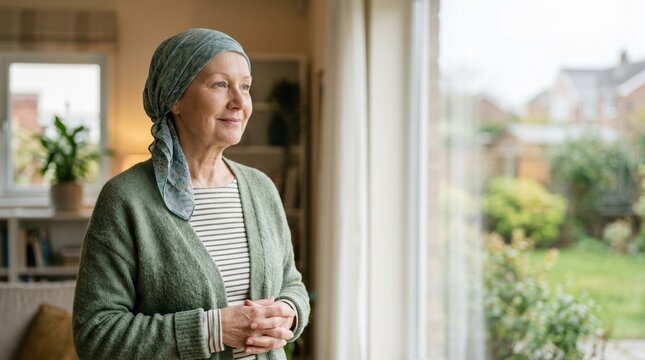 Senior woman with cancer wearing a headscarf looking out a window. Hopeful elderly female patient after chemotherapy at home. Resilience and health recovery concept