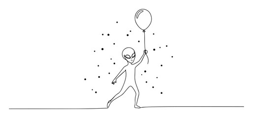 alien holding balloon with confetti line art © Wieslaw