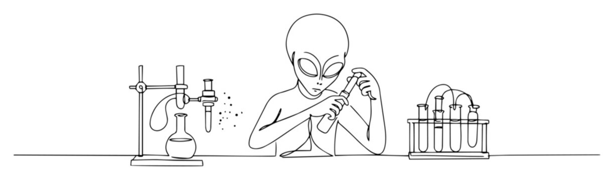 alien doing science experiment in lab outline