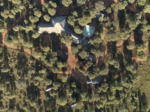 Aerial view of Tumbeta Private Game Reserve lodge buildings with thatched roofs and a swimming pool nestled among dense green trees in Thabazimbi, Limpopo, South Africa.