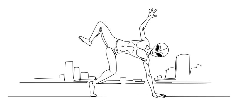 alien breakdancing in city street