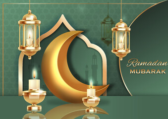 Golden crescent with glowing lanterns and candles shown in elegant decorative style on a patterned green background, expressing festive spirituality and celebration. Vector illustration © 100% HAND-CRAFTED
