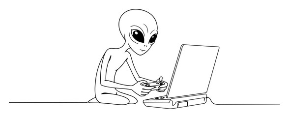 alien playing video game on laptop © Wieslaw