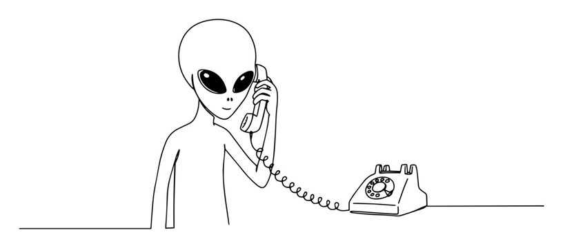 alien talking on vintage telephone
