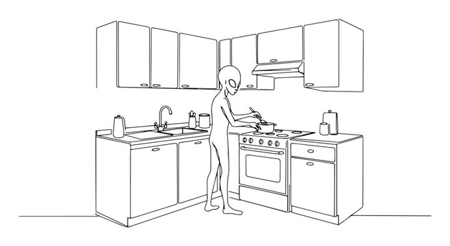alien cooking in modern kitchen