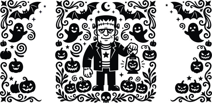 Halloween Monster And Pumpkin Silhouettes Black And White Vector Illustration