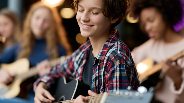 Teenagers playing acoustic guitars and smiling during music session  
