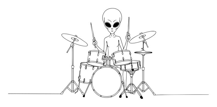 alien playing drum set line drawing