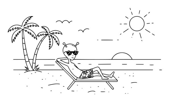 alien sunbathing on tropical beach