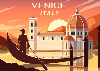 A gondola with a silhouetted rower glides before grand historic buildings under a warm sunset sky in a flat style, evoking travel inspiration. Vector illustration © 100% HAND-CRAFTED